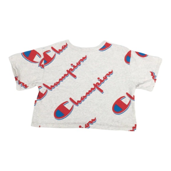 Champion Heritage Cropped AOP Logo T-Shirt Large Gray Red Reverse Weave Crop Top - Picture 2 of 7